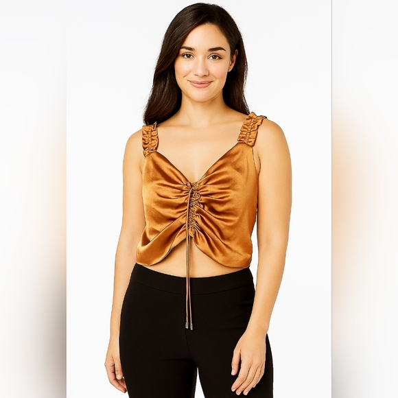🌞 NWT O Vianca Bronze Crop Top With Zipper Back and Rouched Front Size S - Picture 1 of 7